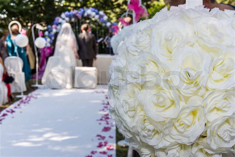 White flower ball decoration for a wedding scene, stock photo