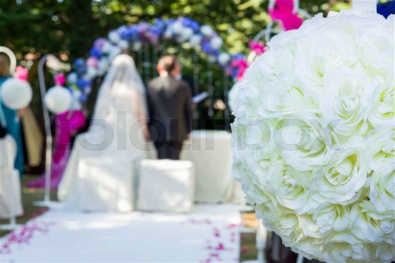 White flower ball decoration for a wedding scene, stock photo