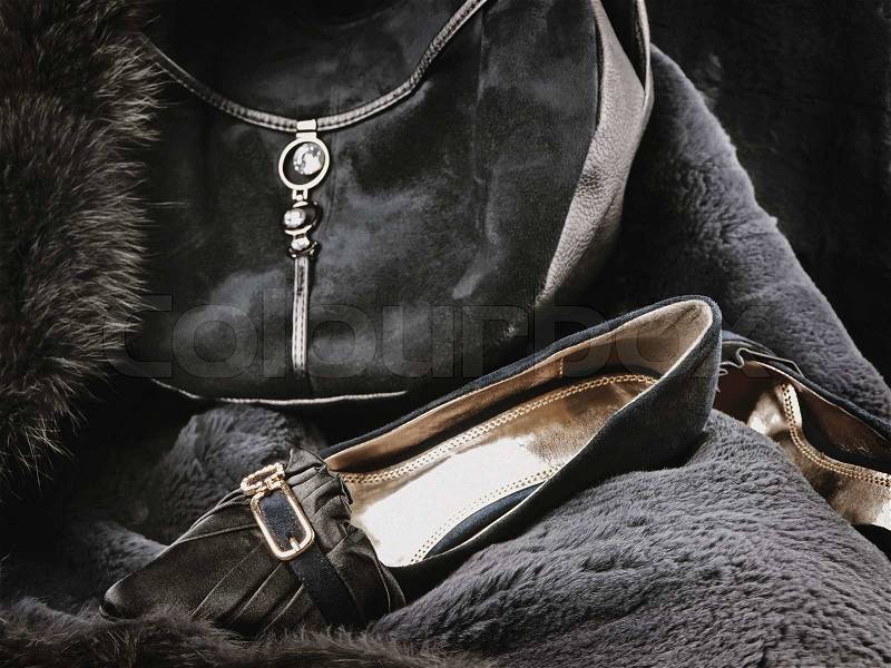 Woman wear accessories: fashionable handbag and shoes at fur, stock photo