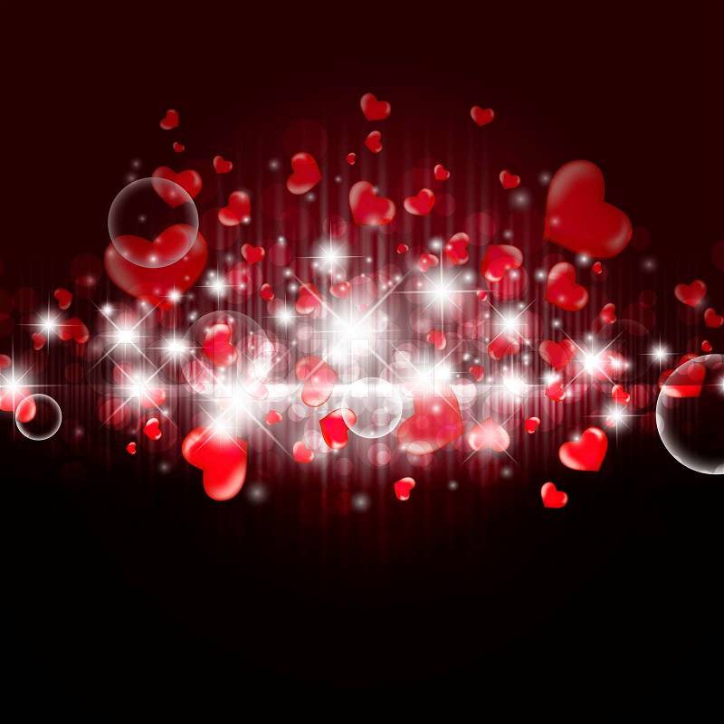 Bright valentine background with hearts and lights stock photo