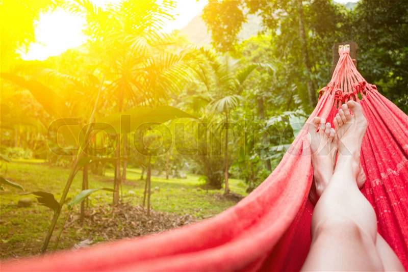 Girl lying in a hammock in the tropical jungles of Brazil. Brasil , stock photo