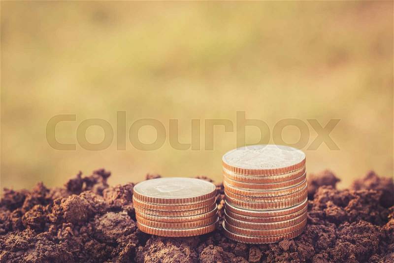 Money coin stack growing on ground with blurred background. Business Finance and Money concept and vintage style, stock photo