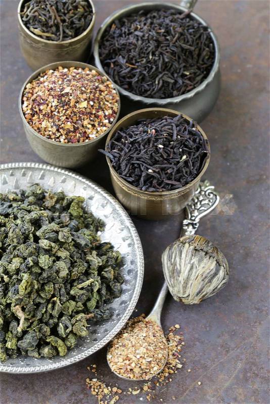 Different varieties of dry tea (black, white, green), stock photo
