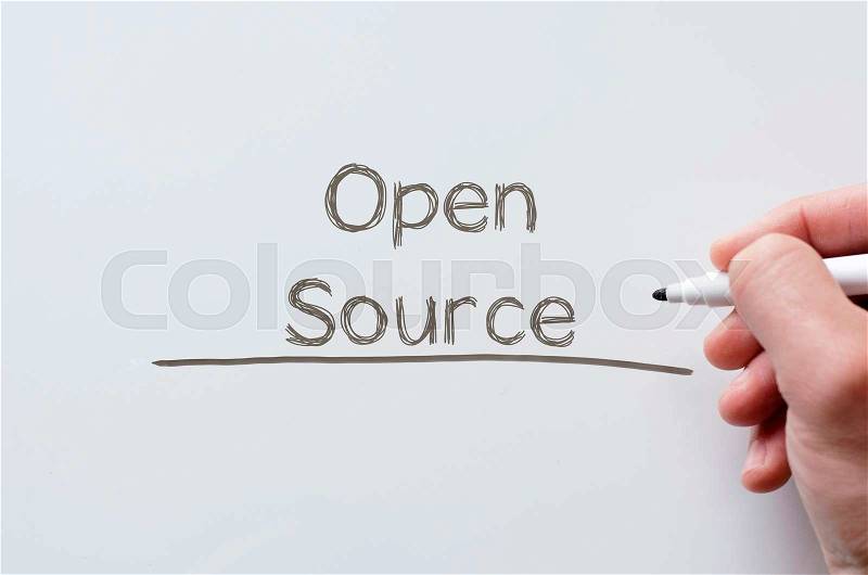 Human hand writing open source on whiteboard, stock photo