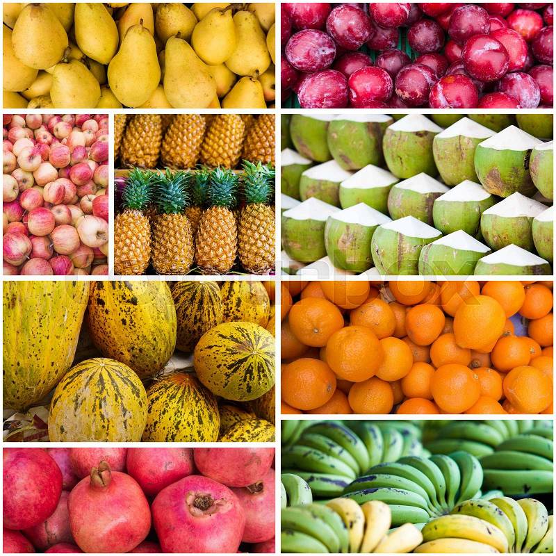 Fresh fruits. Collection of fruits. Collage with different fruits, stock photo