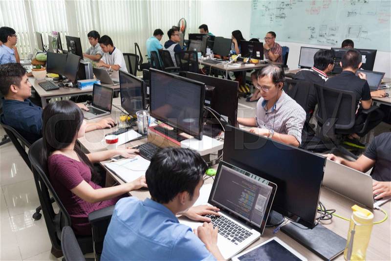 Asian Software Developers Business People Sitting Desk Working Laptop Computer Businesspeople Team Real Office, stock photo