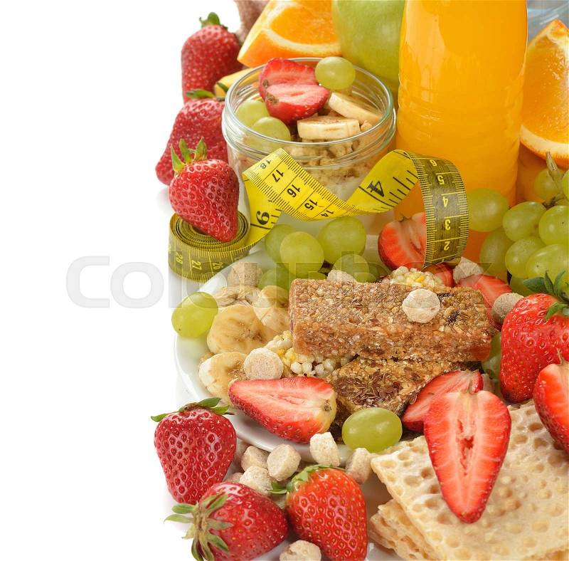 Various fruits on a white background, fitness and diet concept, stock photo