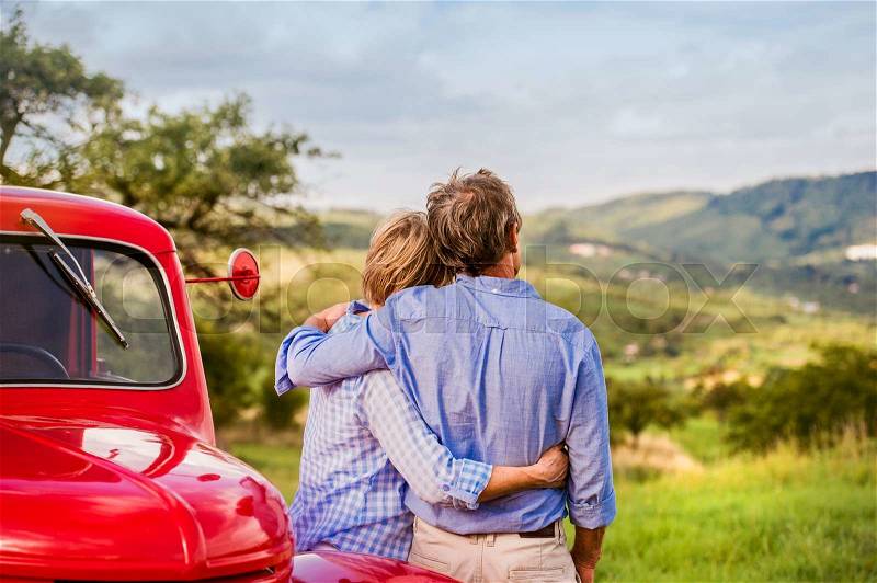 Senior couple hugging, vintage styled red car, green sunny nature, rear view, stock photo