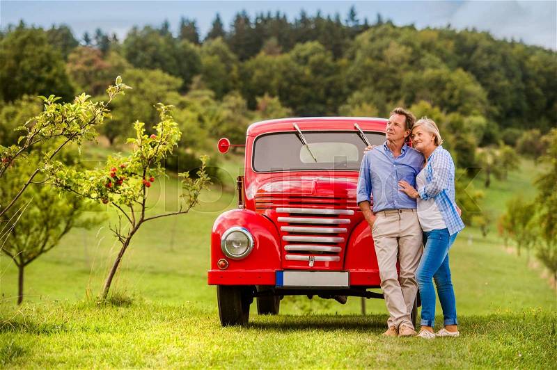 Senior couple hugging, vintage styled red car, green sunny nature, stock photo