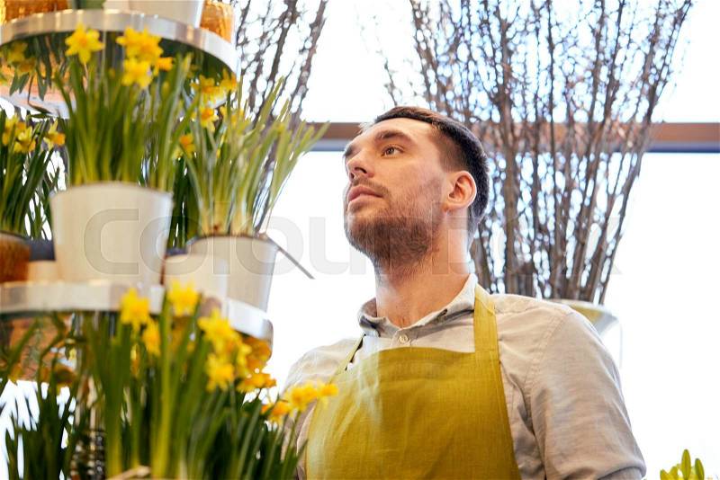 People, business, sale and floristry concept - florist man with narcissus flowers at flower shop, stock photo