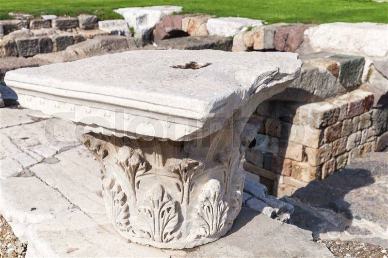 White stone columns details. Ancient town Smyrna. Izmir, Turkey, stock photo
