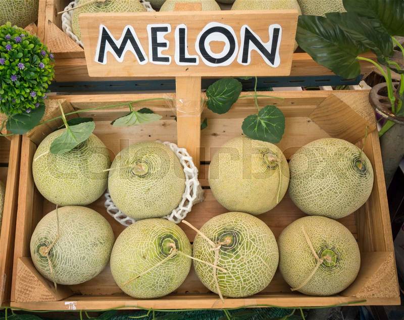 Japanese organic green melons in the fruit crate with melon label, stock photo