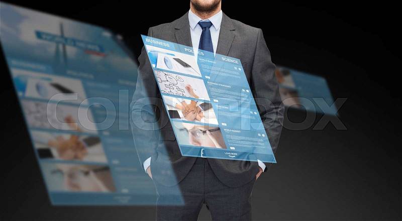 Business, multimedia and people concept - close up of businessman in suit with world news on virtual screen projection, stock photo