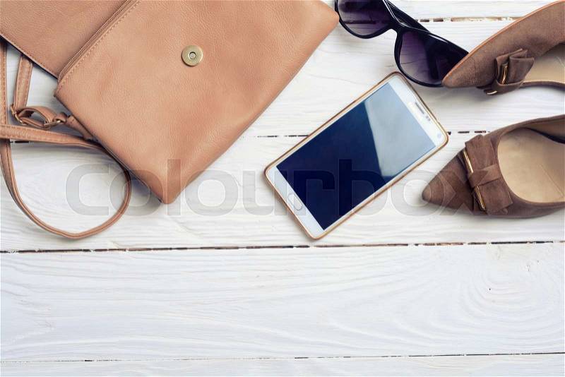 Still life of casual woman. Woman clothes and accessories, stock photo