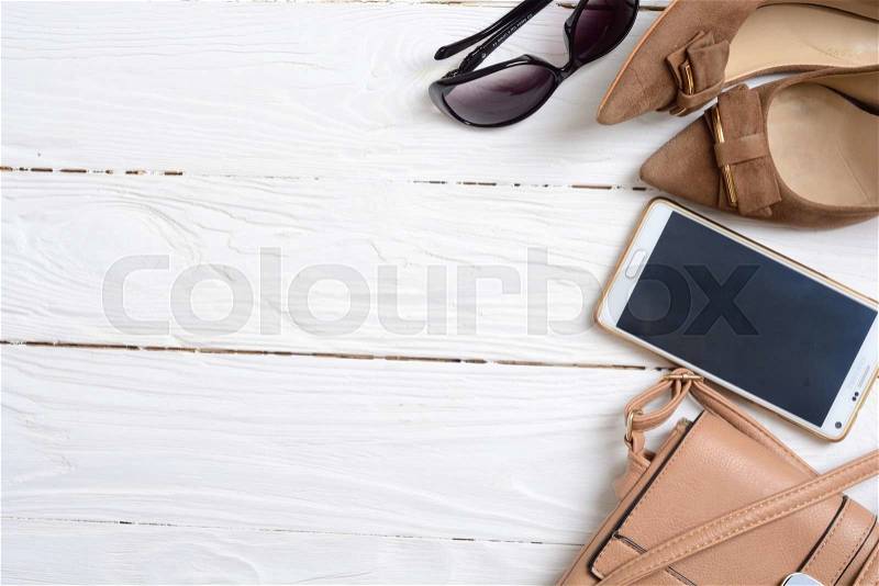 Still life of casual woman. Woman clothes and accessories, stock photo