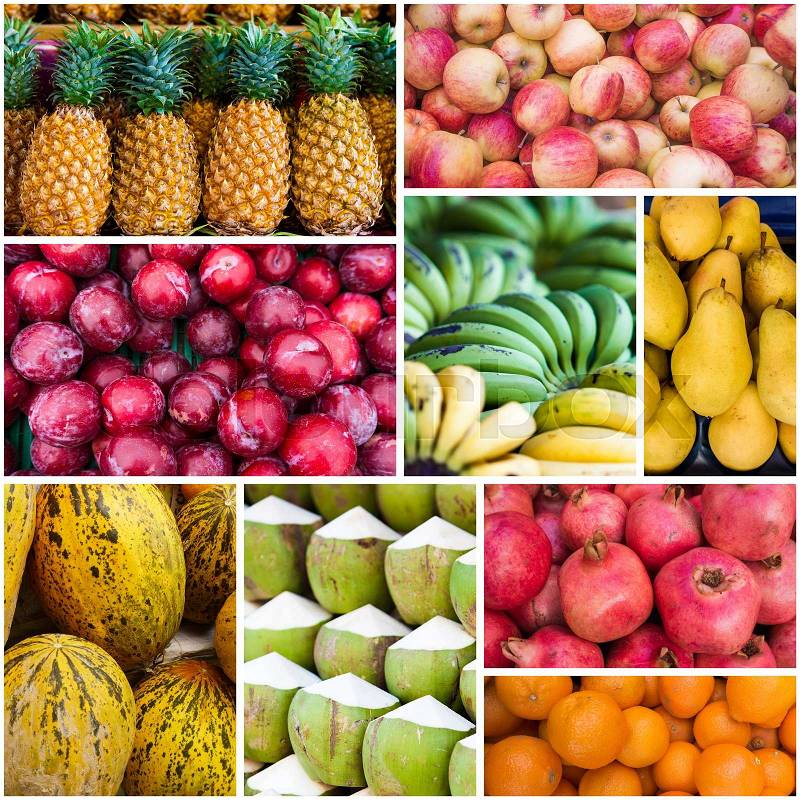 Fresh fruits. Collection of fruits. Collage with different fruits, stock photo
