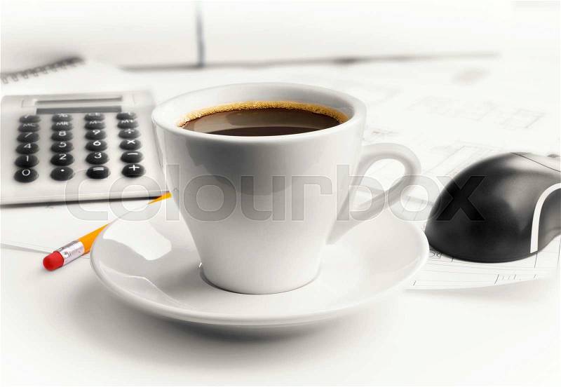 Cup of coffee on desktop , stock photo