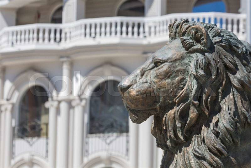 Lion statue fountain in downtown of Skopje, Macedonia , stock photo