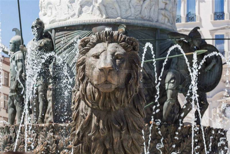 Lion statue fountain in downtown of Skopje, Macedonia , stock photo