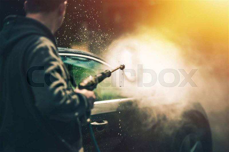 Powerful High Water Pressure Car Washing at Home. Car Cleaning, stock photo