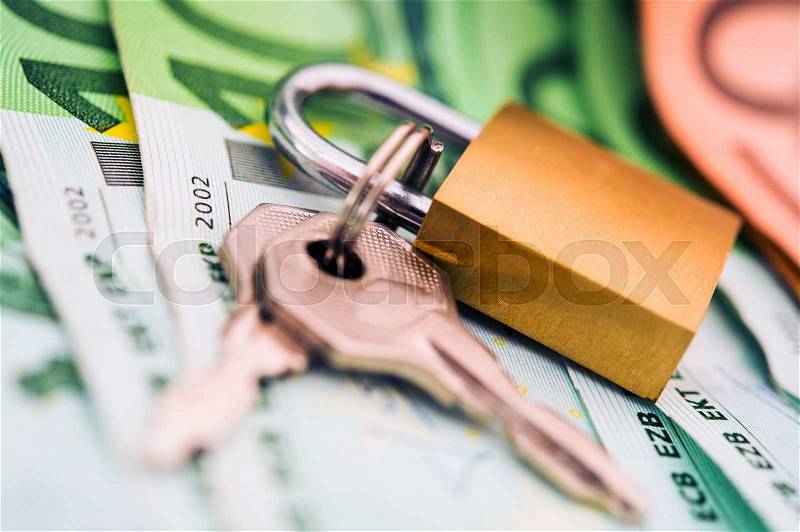 Safe Cash Money Deposit. Banking and Financial Concept with Metallic Padlock on the Euro Cash Money, stock photo