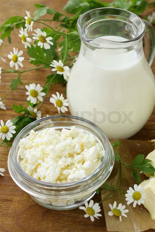 Assortment of dairy products (milk, butter, sour cream, yogurt) rustic still life, stock photo