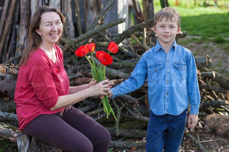 Boy gives red flowers tulips his grandmother on a holiday, stock photo
