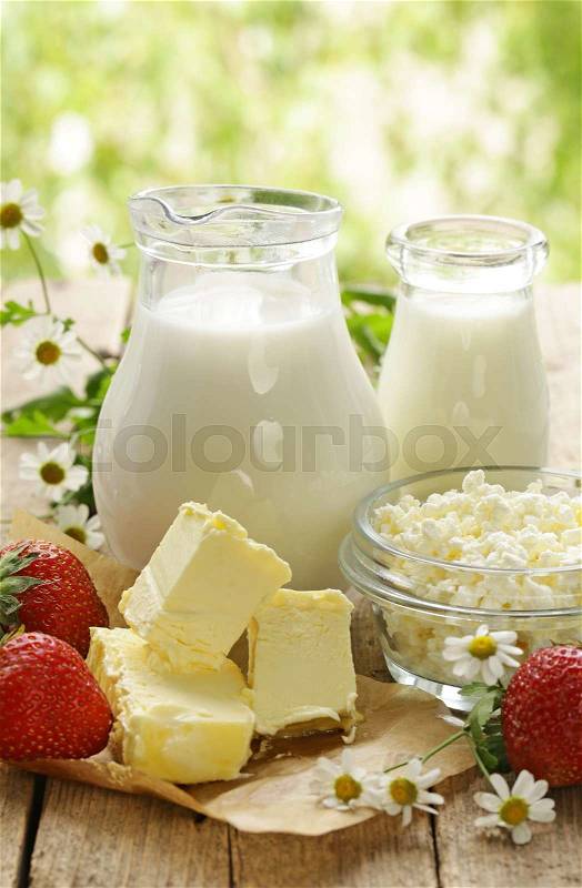 Assortment of dairy products (milk, butter, sour cream, yogurt) rustic still life, stock photo