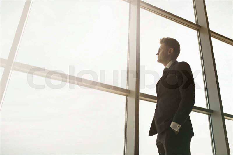 Stylish business man in the background of a large window in the floor, stock photo