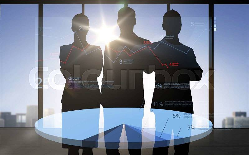 Business, finances, statistics, economics and people concept - business people silhouettes over double exposure office background with pie chart and numbers, stock photo