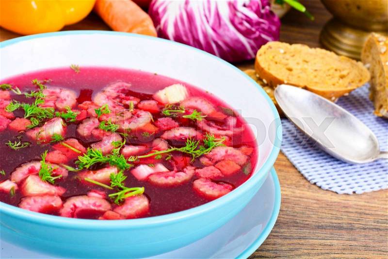 Healthy Food: Soup with Beets, Tomato and Vegetables. Studio Photo, stock photo