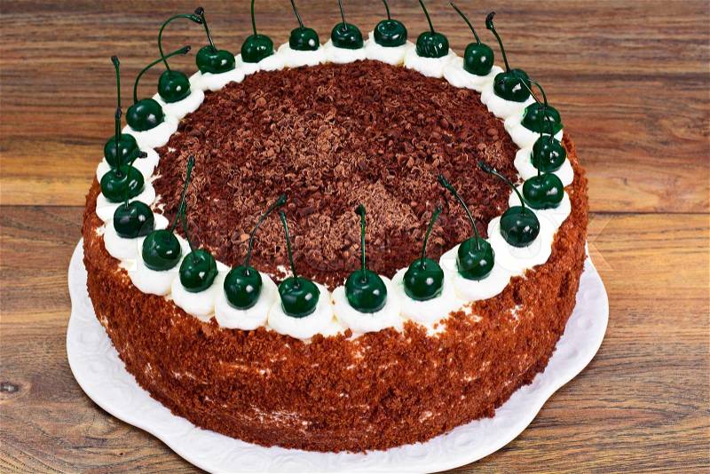 Schwarzwald Cake, Whipped Cream, Black and White Chocolate, Decoration, Green Cocktail Cherry Studio Photo, stock photo