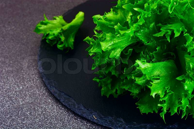 Healthy and diet food: green salad Isolated on Dark Background. Studio Photo, stock photo