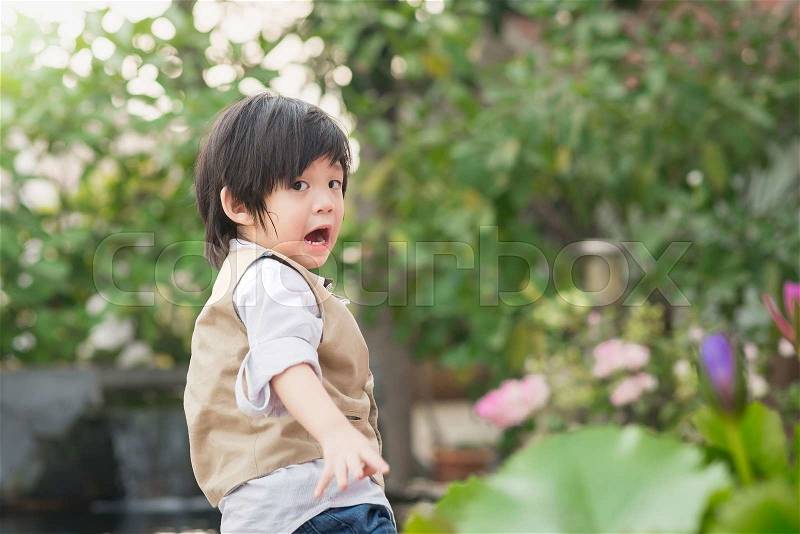 Excited face of a small asian boy outdoors, stock photo