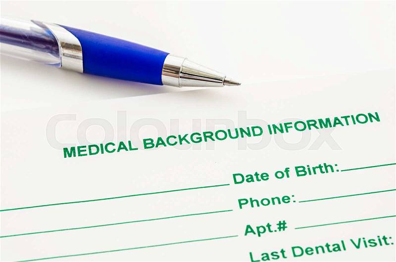 Close up blank Medical background information form with pen on white background, stock photo