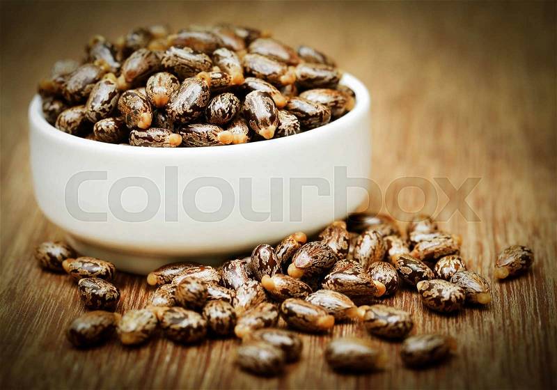 Castor beans in a ceramic bowl on wooden surface, stock photo