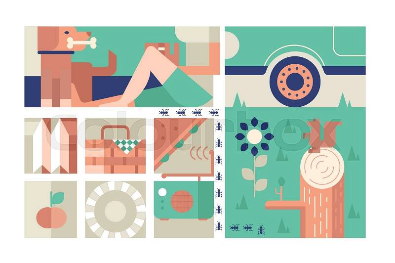 Picnic design flat concept. Outdoor summer recreation and tourism rest in park, vector illustration, vector
