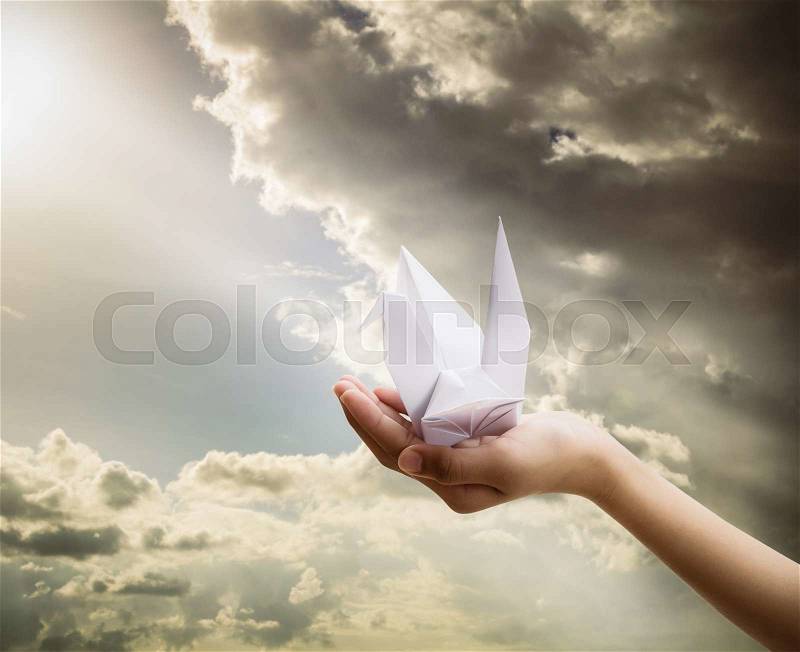 Hand holding bird paper origami under sunbeam with cloudy sky, Freedom concept, stock photo