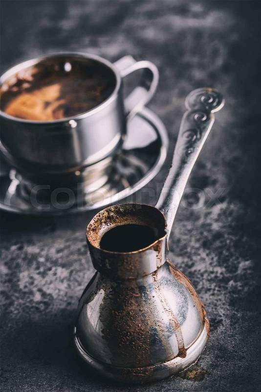 Coffee. Turkish coffee. Armenian Turkish coffee. Cezve and cup of coffee. Traditional serving coffee, stock photo