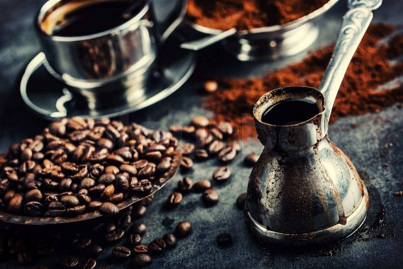 Coffee. Turkish coffee. Armenian Turkish coffee. Cezve and cup of coffee. Traditional serving coffee, stock photo