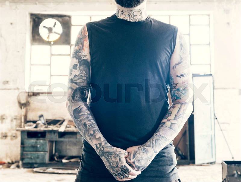 Man with tattooed hands,selective focus, stock photo