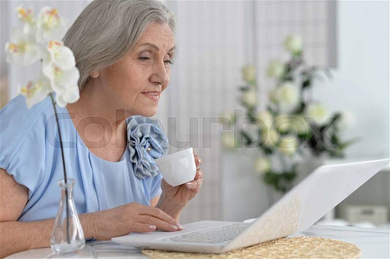 Happy Elderly woman with laptop at home, stock photo