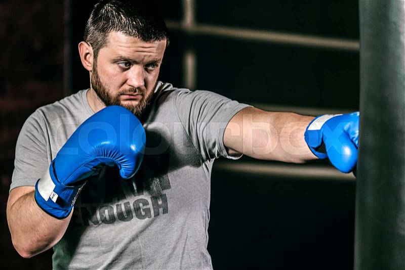 Professional boxer fighting and training in gym in blue boxing gloves. Strong, muscular man training and boxing in fitness gym. , stock photo