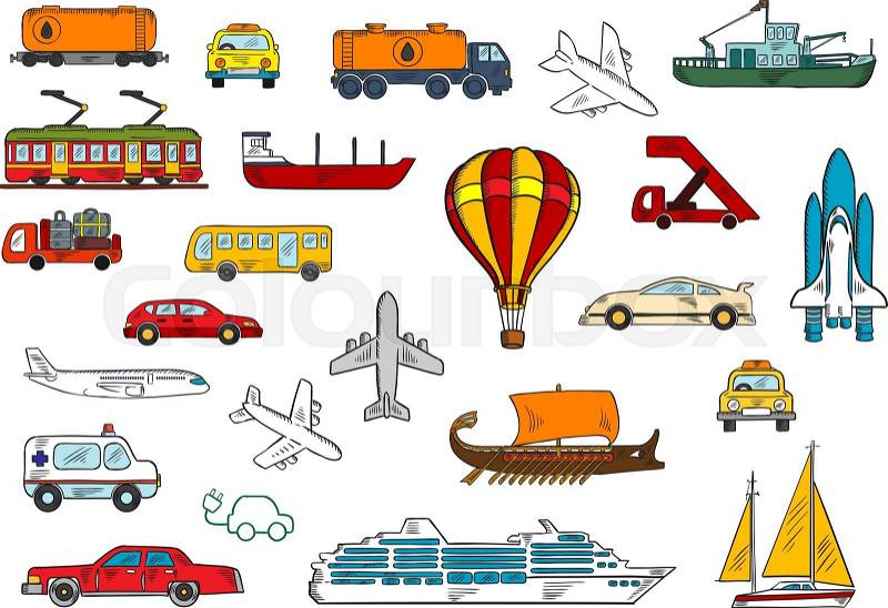 Colored sketches of various modes of transportation with cars and taxi, airplanes, ambulance, bus, fishing boat and yacht, railroad tank car and tanker truck, electric train and car, cruise liner, hot air balloon, baggage truck and passenger stairs, space