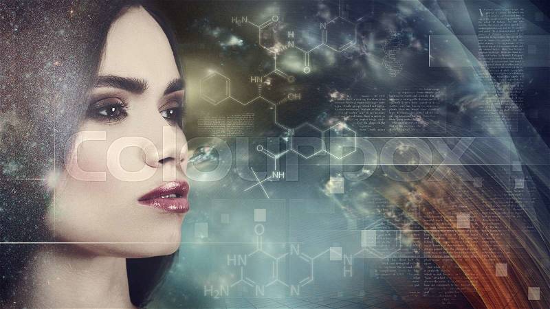 Evolution, female portrait against abstract science backgrounds, stock photo