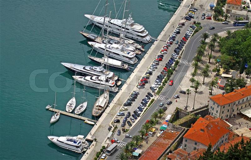 Bird eye view of sea Port of Kotor, Montenegro, stock photo