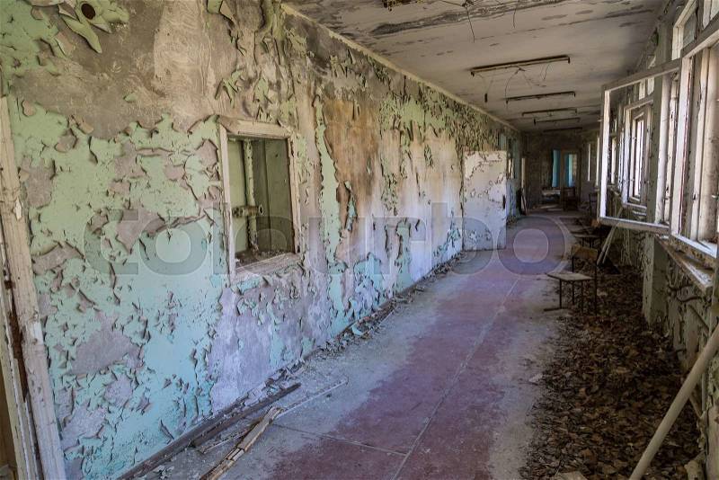 School in Chernobyl, Ukraine in a summer day, stock photo