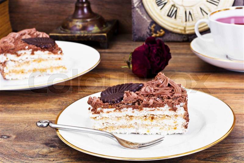 Bezes Cake with Nuts, Whipped Cream and Chocolate Studio Photo, stock photo