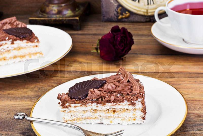 Bezes Cake with Nuts, Whipped Cream and Chocolate Studio Photo, stock photo