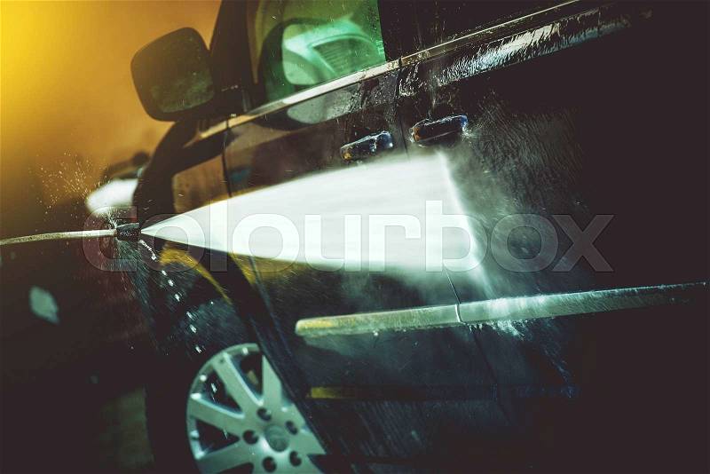 Car Cleaning by High Pressure Water Cleaner. Closeup Photo. Car Washing, stock photo